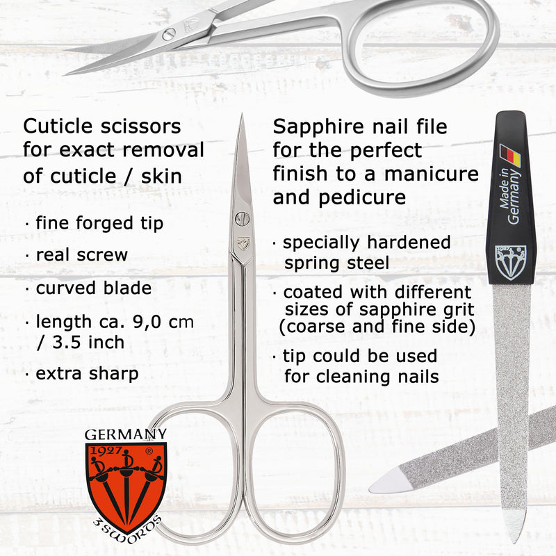 3 Swords Germany - Brand Quality 6 piece Manicure Pedicure Grooming kit Set - Scissors, Metal and Glass Nail File, Clipper, Tweezers with Synthetic Leather case - White