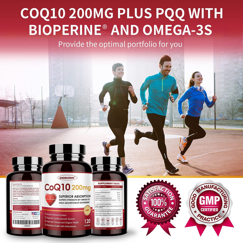 ZEBORA CoQ10-200mg-Softgels with PQQ, BioPerine & Omega-3, 120 Servings Coenzyme Q10(Ubiquinone) Supplement for High-Absorption, Powerful-Antioxidant, Support Heart & Energy-Production (Pack of 2) 120 Count (Pack of 2)
