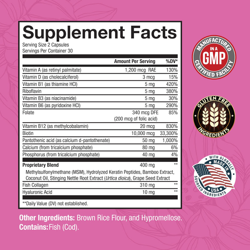BioSchwartz Biotin Collagen Keratin Supplement - Hair Vitamins for Women | 10000mcg Biotin with Hyaluronic Acid & B Complex - Non-GMO Beauty Supplement - Hair and Nails Vitamins for Women - 60 Count