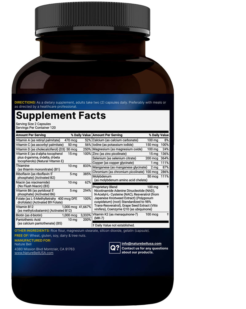 Methylated Multivitamin for Men and Women, 240 Capsules | 27-in-1 Formula with Vitamins B Complex, C, D3, K2, NAD, NAC, CoQ10, Resveratrol, Magnesium, Zinc & More | Daily Essential Vitamins