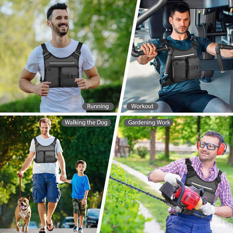 Chest Bag for Men, Waterproof Sports Utility Chest Pack with Water Bottle Holder&Phone Holder, Lightweight&Adjustable EDC Sports Chest Bag for Workout Running Fishing Cycling Hiking Skiing Black