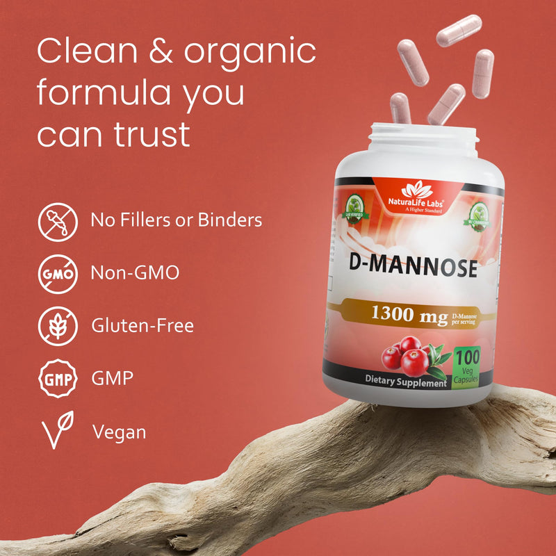 NaturaLife Labs Organic D-Mannose 1300 mg with Organic Cranberry Extract 100 mg per Serving – 100 Capsules – Non-GMO, Gluten-Free, Vegan 1 - BeesActive Australia