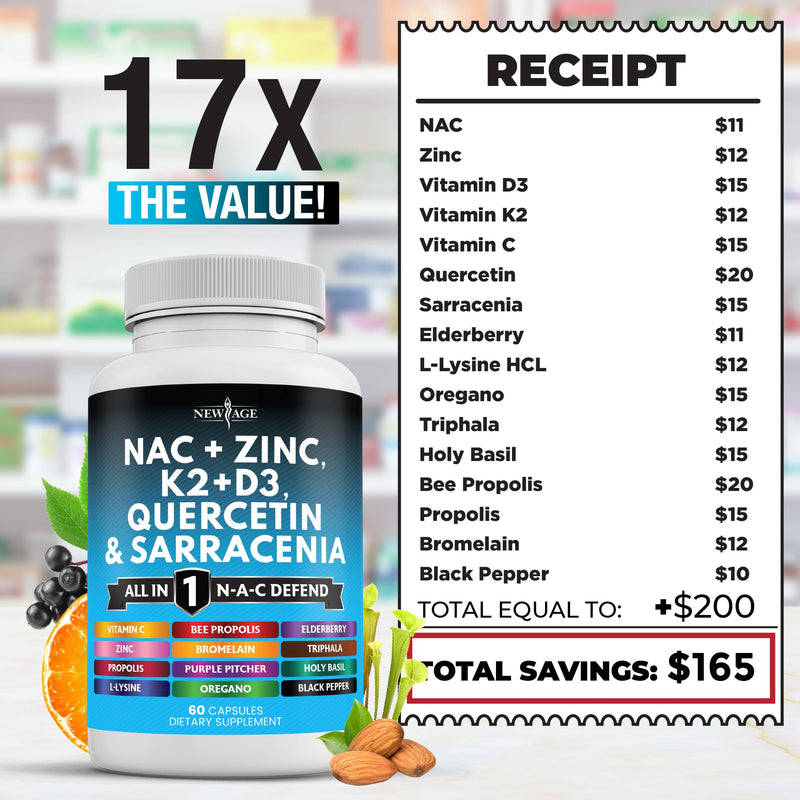 NEW AGE NAC Supplement N-Acetyl Cysteine- with Vitamin D3, K2, Zinc, Quercetin, Triphala, Sarracenia Purpurea, Elderberry, Holy Basil, Bee Propolis, Bromelain, L-Lysine - 180 Count 60 Count (Pack of 3)