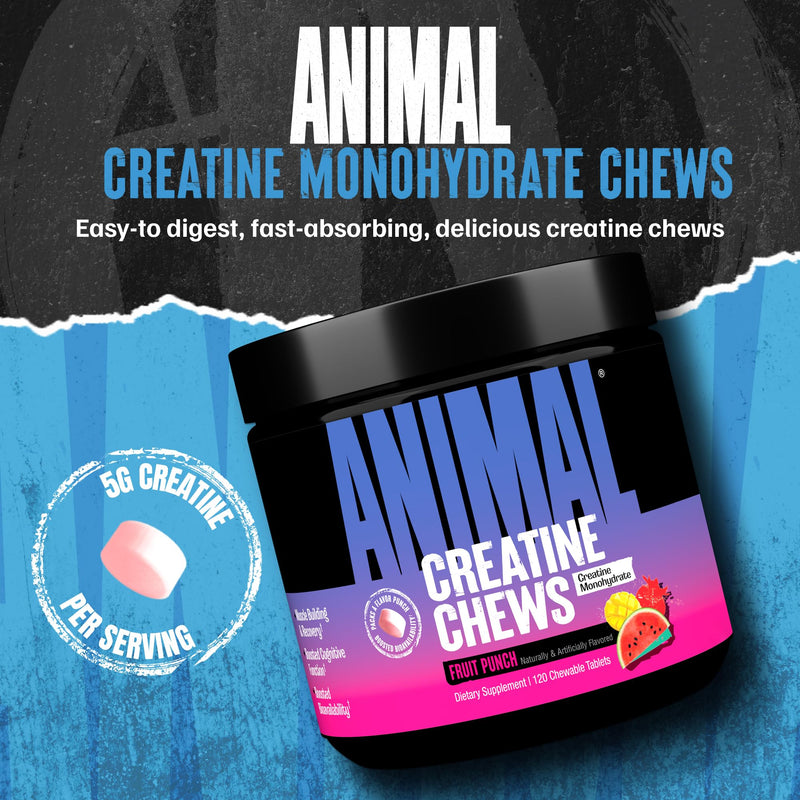 Animal Creatine Chews Tablets - Enhanced Creatine Monohydrate with AstraGin to Improve Absorption, Sea Salt for Added Pumps, Delicious and Convenient Chewable Tablets - Fruit Punch Creatine - Fruit Punch 120 Count (Pack of 1)