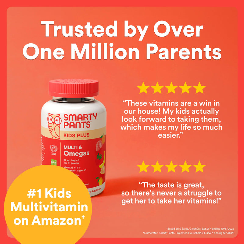 SmartyPants Kids Multivitamin Gummies, Omega 3 (DHA/EPA), Vitamins D3, C, B12, B6, Vitamin A, K & Zinc, Gluten Free, Three Fruit Flavors, 80 Count (40 Day Supply) 80 Count (Pack of 1) Three Fruit - 40 Day Supply