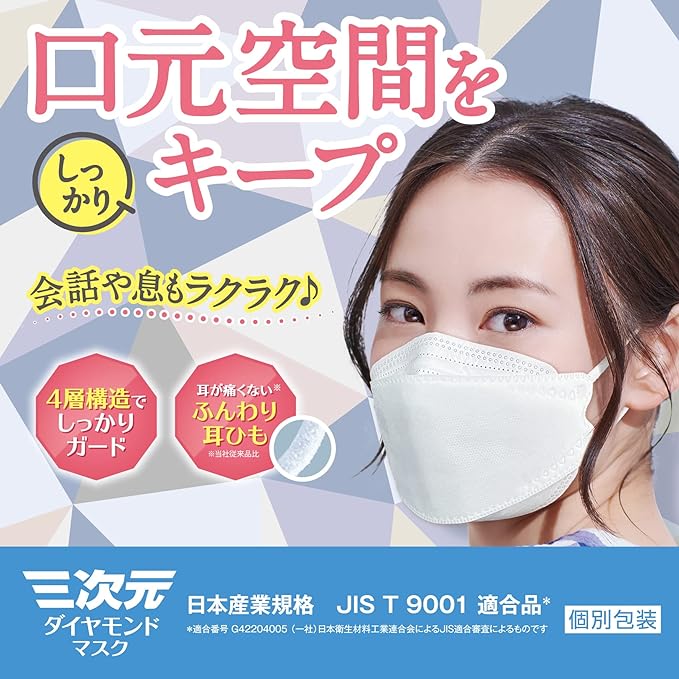 [Kowa] Three-dimensional Diamond Mask, One Size, 20 Pieces White - BeesActive Australia
