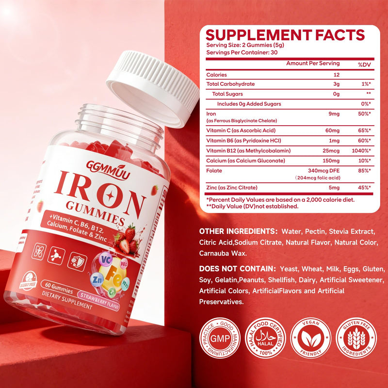 Sugar Free Iron Gummies for Energy Support, 60 Count | Formulated with Folate, Zinc, Vitamin C, B12 & B6, Vegan Supplement, Gentle on Stomach, Strawberry Flavor 60 Count (Pack of 1)