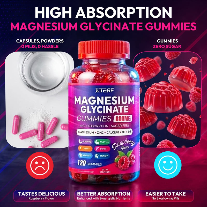 Magnesium Glycinate Gummies 600mg, Sugar Free High Absorption Chewable Magnesium Gummies with Zinc, Calcium, CoQ10 & B6 for Zzz, Relaxation, Brain & Muscle Support, Magnesium Supplement with Family 120 Count (Pack of 1)