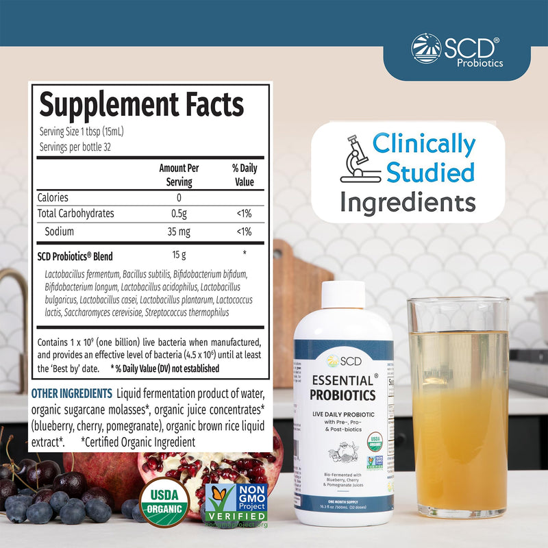SCD Probiotics Essential Probiotics Gut Health Drink with Prebiotics, 16 oz | All Ages 2+, 11 Live Strains, Acidophilus, Certified Organic, Vegan, Gluten Free, 30 Servings, Double Sealed, Zero Sugar 16 Fl Oz (Pack of 1)