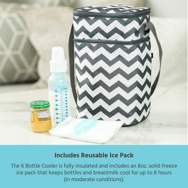 J.L. Childress 6 Bottle Cooler, Insulated Breastmilk Cooler & Lunch Bag for Baby Food & Bottles, Leak-Proof & Heat-Sealed, Ice Pack Included, Grey/Teal Clover (3105GY-CL) Grey Chevron - BeesActive Australia