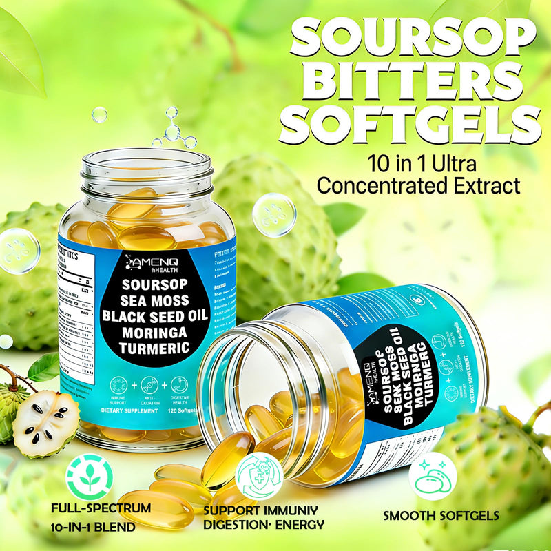 Soursop Supplement Softgels with Soursop Leaf, Fruit & Black Seed, 10-in-1 | Extra Strength Sour Sop Herbal Formula w. Irish Sea Moss & Moringa for Immune & Antioxidant Support, Vegan, Non-GMO, 120Count