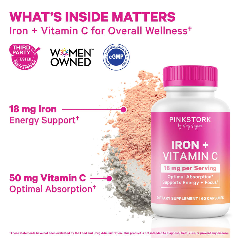 Pink Stork Iron for Women with Vitamin C, 60 Capsules, 2-Month Supply | 18 mg Chelated Iron Bisglycinate + Vitamin C, Supports Energy, Focus + Oxygen, Pregnancy, Postpartum, PMS + Perimenopause 60 Count (Pack of 1)