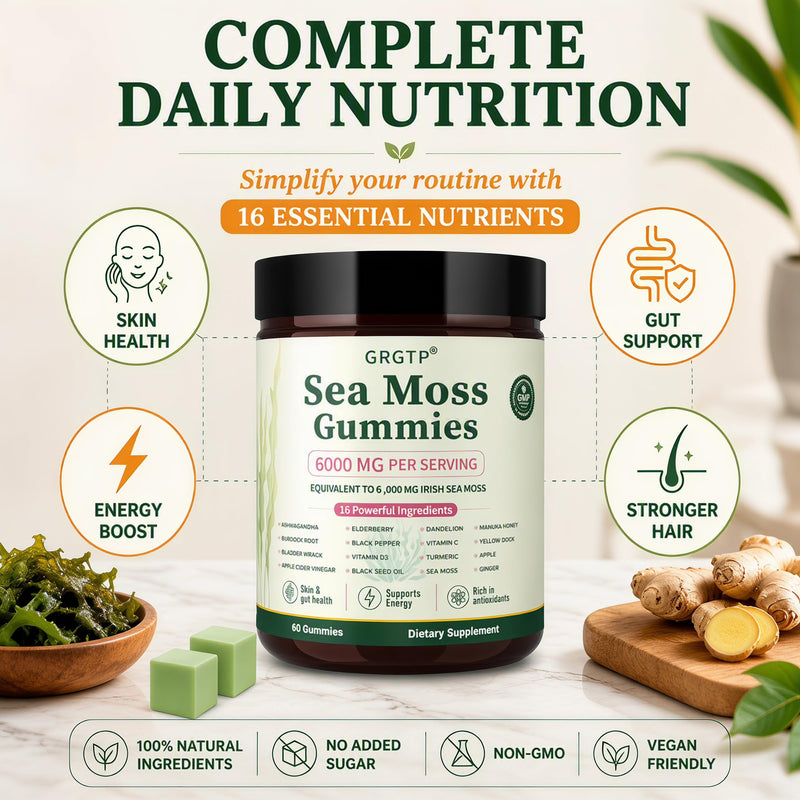 Sea Moss Gummies 16-in-1 - Ashwagandha Black Seed Oil Bladder Wrack Turmeric Vitamin C & D3 with Manuka Burdock Root Dandelion Yellow Dock Natural Detox & Liver Health Immune Support, Energy Boost