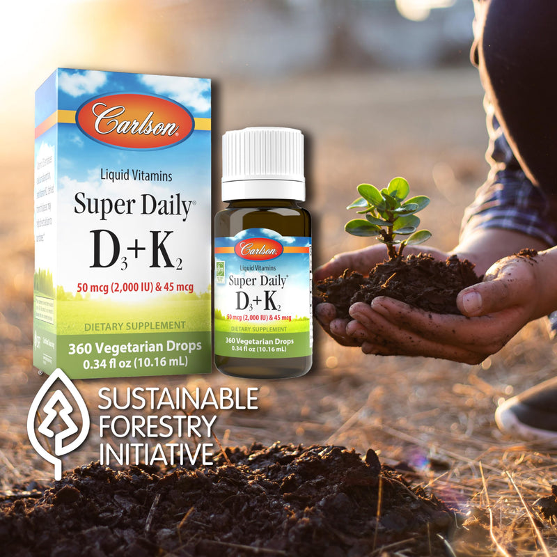 Carlson Super Daily D3 + K2, 50 mcg (2000 IU), 360 Drops (10.16 mL) | Vitamin D; 45 mcg Vitamin K2; Liquid Vitamins D and K; Bone Support 0.34 Fl Oz (Pack of 1)