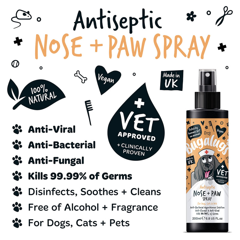 BUGALUGS Nose & Paw Dog Antiseptic spray 200ml – Antibacterial, Antifungal for Dogs, Cats & Pets -for Dry Paws, Cracked Skin use alongside our dog paw balm & dog nose balm (Antiseptic Spray 200ml)