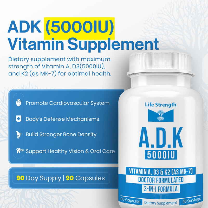 ADK 5 - ADK Vitamin Supplement - High Potency Vitamin A, D3 5,000 IU & K2 (MK-7) for Healthy Bone, Heart & Immune Support - Non-GMO, Gluten Free 90 Capsules (3-Month Supply) Pack of 1