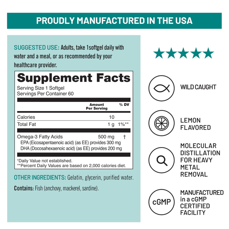NatureWise Omega 3 Fish Oil - 500 mg per Pill - EPA & DHA - Immune Support, Brain & Optimal Wellness - Gluten and Soy Free, Non-GMO - 60 Softgels[2-Month Supply] 60 Count (Pack of 1) - BeesActive Australia