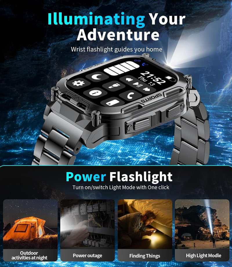 TX12 Smart Watch for Men, 1000 mAh Battery/LED Flashligh Military Smart Watches, 2.01'' HD Fitness Tracker, 100+ Sports Mode/Pedometer/IP68 Waterproof Smartwatch for Android iOS Phones