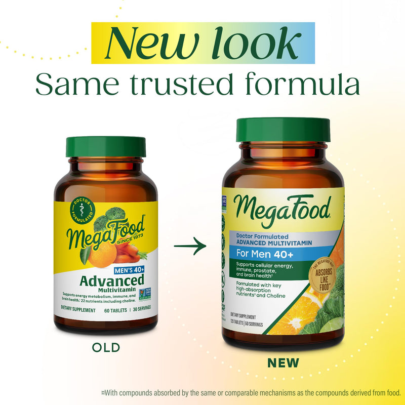 MegaFood Advanced Multivitamin for Men 40+ Doctor Formulated, 60 Tablets | Immune Support, Cellular Energy, Prostate & Brain Health, Choline, Methylfolate Vitamin C, D3, Zinc, Vegetarian, 30 Servings 60 Count (Pack of 1)