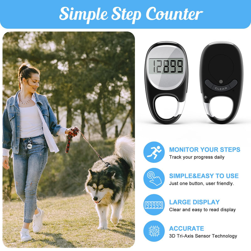 Simple Pedometer for Walking, Accurate Step Tracker with Carabiner, 3D Step Counter for Men Women Kids Seniors Black - BeesActive Australia