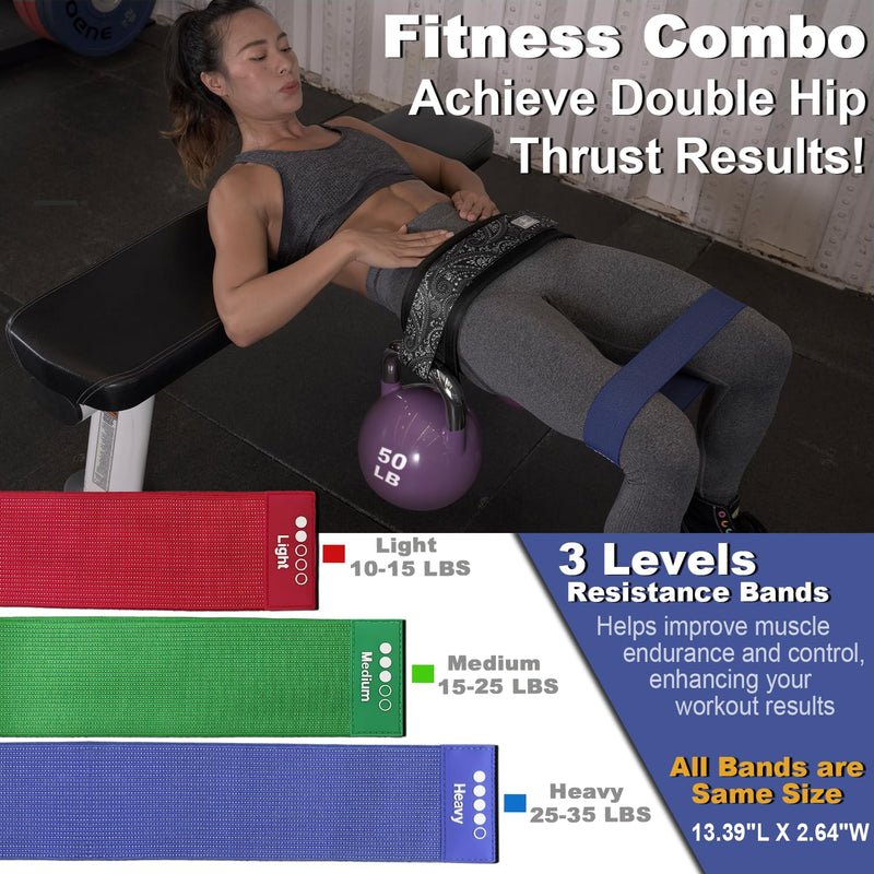 Hip Thrust Belt with 3 Resistance Bands - Adjustable Fitness Belt for Dumbbells, Kettlebells, Plates - Support Up to 100 lbs - For Glute Workouts at Home Gym - Gifts Ideas for Women, Black Printed | One Strap Black-Set - BeesActive Australia