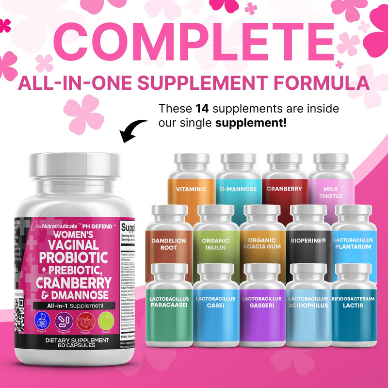 Clean Nutraceuticals Vaginal Probiotics for Women + Prebiotics 20 Billion Cranberry Pills w D-Mannose 500 mg for Urinary Tract Health pH Balance - for Vaginal Health Supplements Pills - 2Pack 2