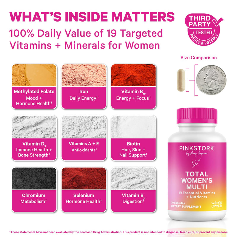 Pink Stork Total Women's Multivitamin, 19 Essential Vitamins, 30 Capsules | Energy, Metabolism, Hormone Support, Immune & Mood Support with B6, B12, Biotin, Iron & Zinc