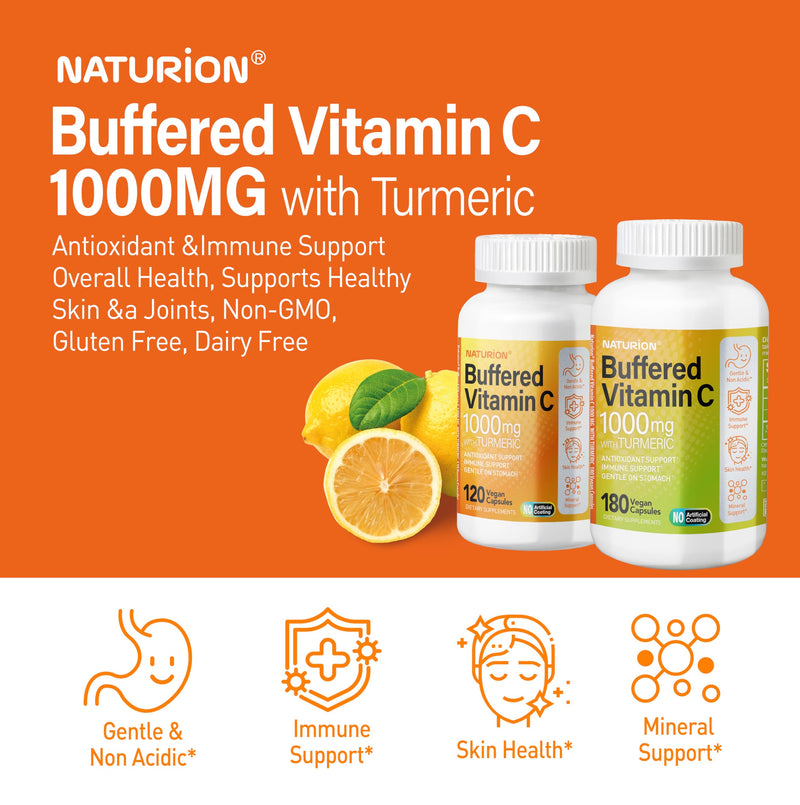 Buffered Vitamin C 1000 mg with Organic Turmeric - Antioxidant & Immune Support - Healthy Skin & Joints - Gluten & Dairy Free - 180 Vegan Capsules, 180 Day Supply 180 Count (Pack of 1)