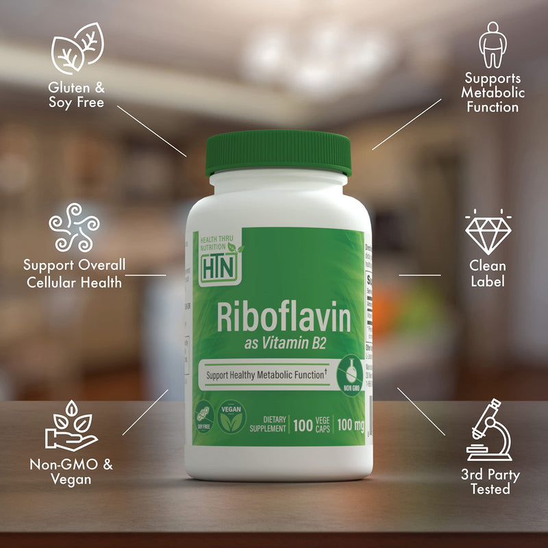 Health Thru Nutrition Riboflavin 100mg Vitamin B2 100 Vegecaps | Riboflavin Supplement | Supports Healthy Energy Metabolic Function & Nervous System, 3rd Party Tested, Non-GMO Hypoallergenic