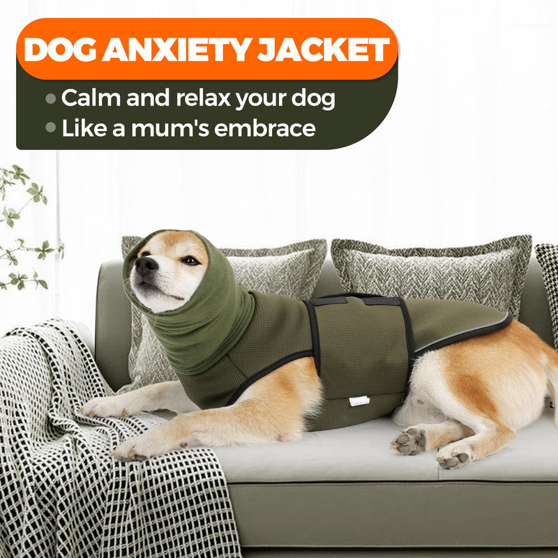 HEYWEAN dog coat with calming hood and ear protection, anti-stress vest, dog calming vest, dog turtleneck for dogs, anxiety calming jacket for dogs, calming shirt with reflective stripes, XL olive - BeesActive Australia