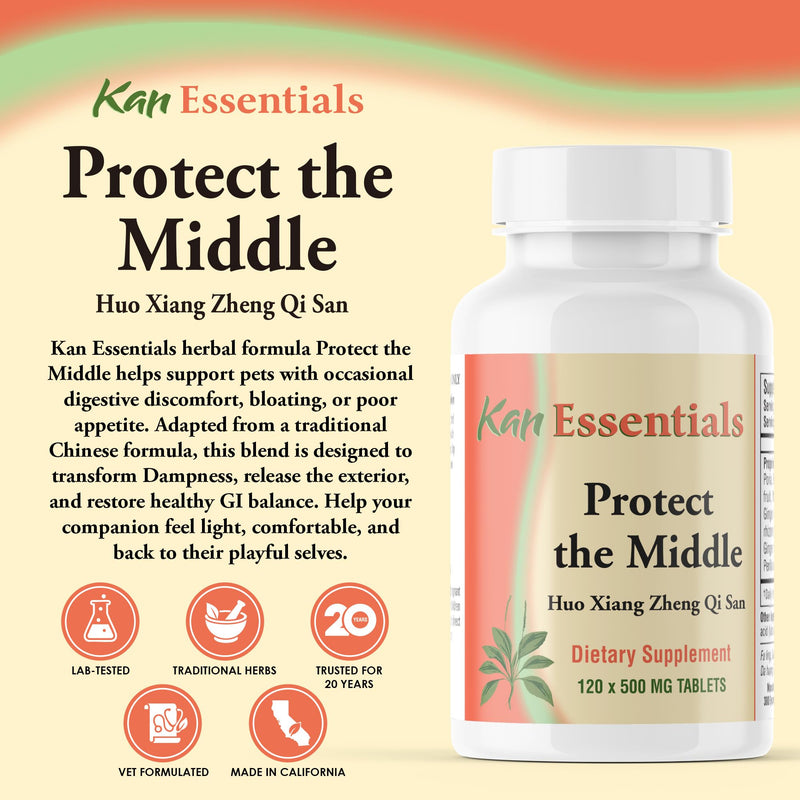 Kan Herb Company Protect the Middle – Traditional Chinese Herbal Blend for Dogs and Cats to Support Digestion, Appetite, and Gut Comfort, Herbal Supplement for Pets, 120 Tablets