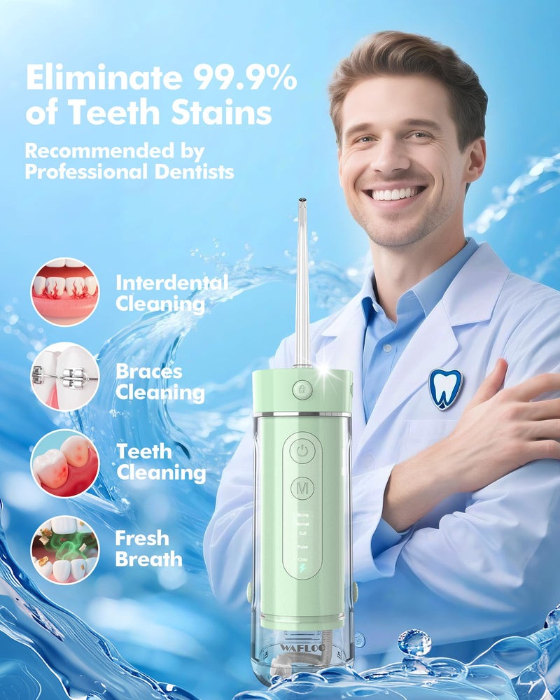 Water Flosser Travel Mini Cordless Portable: 5 Modes Water Dental Floss with Telescopic Water Tank, 4 Tips, IPX7 Waterproof (Green) Green