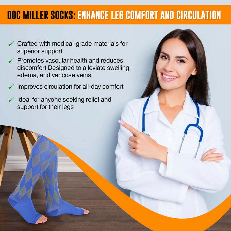 Doc Miller Open Toe Compression Socks for Men & Women, 20-30 mmHg Knee High Support, Toeless Design for Daily Leg Comfort, Breathable Nylon Spandex, 1 Pair X-Large Yellow Blue - BeesActive Australia