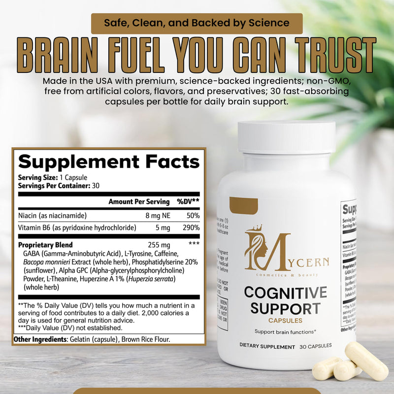 Cognitive Support Supplement – 30 Capsules – with Bacopa Monnieri, Alpha GPC, GABA, L-Tyrosine, Huperzine A, Vitamin B6 & Niacin – Natural Nootropic for Focus, Memory & Mental Clarity – Made in USA