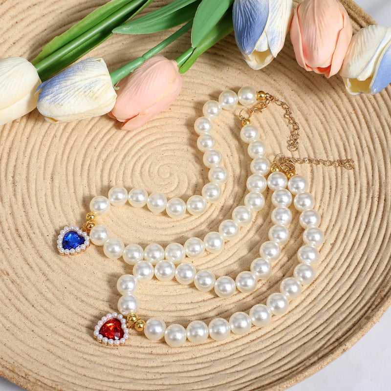 2 Pcs Cat Dog Pearl Collar, Heart Shaped Rhinestone Pet Necklace Dog Pearl Rhinestone Cat Collar, Beaded Dog Necklace Adjustable Pet Jewelry Accessories for Small Dogs Cats(Blue and Red) - BeesActive Australia