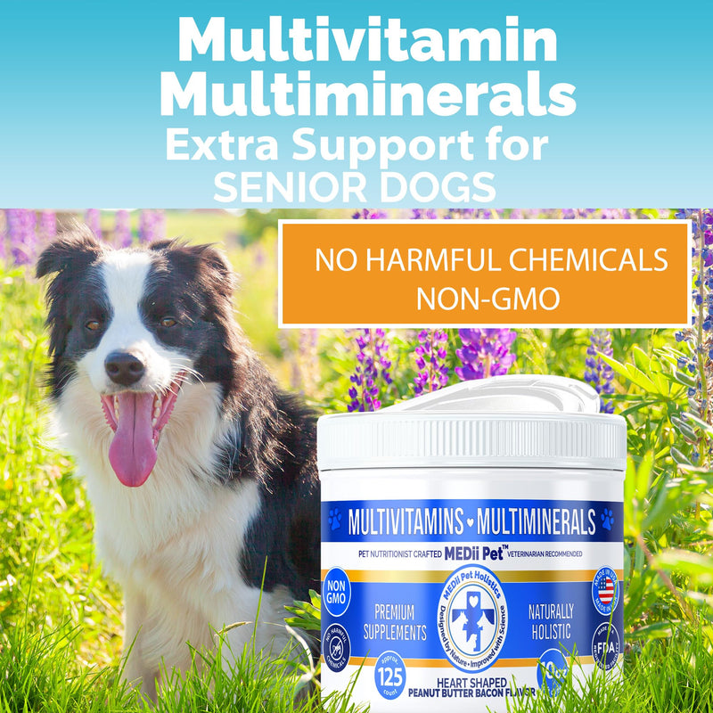 Best Dog Multi Vitamins Multi Supplements + 74 Organic Minerials. Natural, Organic, Holistic Benefits in a Soft nutrional chew. Vegan Bacon Peanut Butter Flavor. Value Pop Top Jar. - PawsPlanet Australia