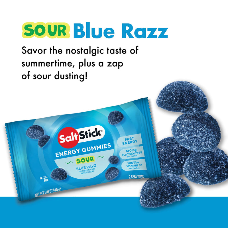 SaltStick Energy Gummies Blue Sour Raz - 10 Packets/20 Servings | Quick carbohydrates and electrolytes in delicious gummies to fuel your workout without sticky gels. Caffeine-free. Sour Blue Razz