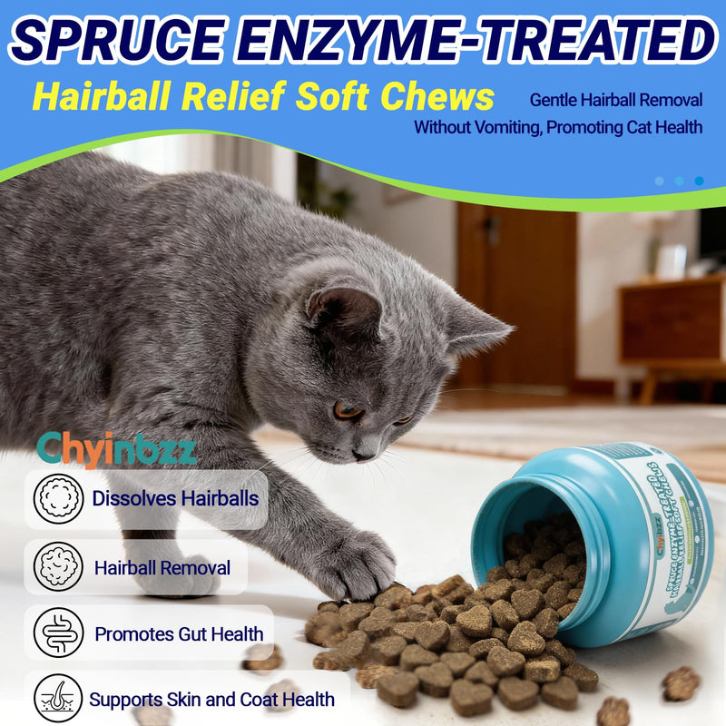 Cat Hairball Remedy Treats, Spruce Enzyme Treated Hairball Relief Soft Chews Hairball Treatment for Cats, 60 Large Particles, 120g