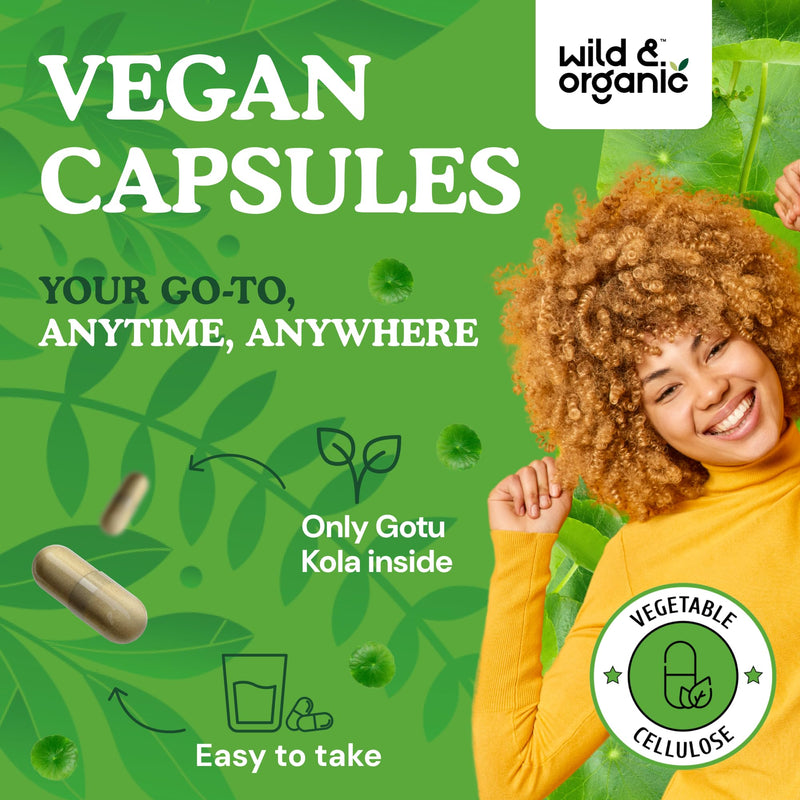 Wild & Organic Gotu Kola Capsules 600 mg - Brain & Focus Support - Gotu Kola Supplement - Centella Asiatica Powder - 120 Days of Supply - Vegan, No Fillers, Non-GMO - 120 Count - BeesActive Australia