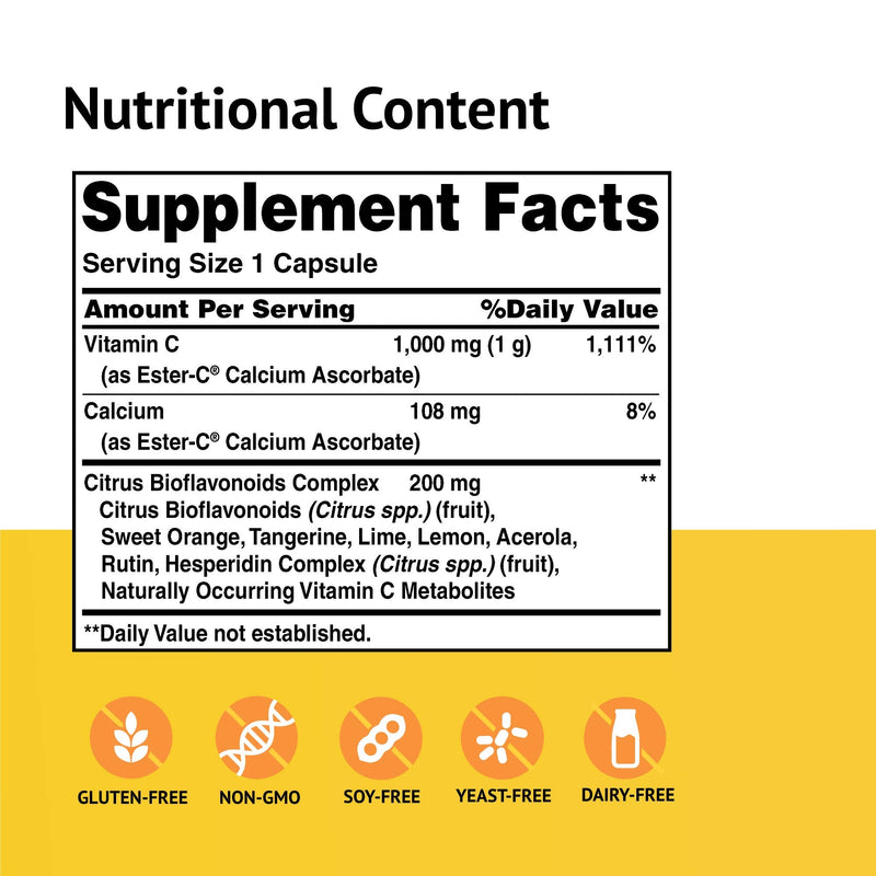 Ester-C American Health with Citrus Bioflavonoids Capsules - 24-Hour Immune Support, Gentle On Stomach, Non-Acidic Vitamin C - Non-GMO, Gluten-Free - 1000 mg, 90 Count 90 Count (Pack of 1)