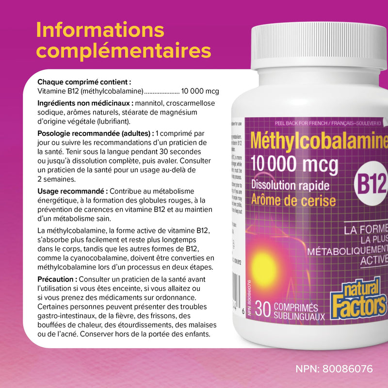 Natural Factors Methylcobalamin 10,000 mcg - Vitamin B12 Supplement in Metabolically Active Form - Supplement Supports Cll Formation & Energy Production - 30 Chewable Tablets (30 Servings) 30 Count (Pack of 1)