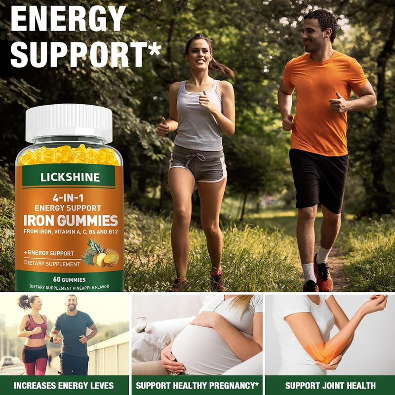 lickshine 2 Pack Vegan 100MG Iron Supplement Gummies for Women & Men - with Vitamin C, A, B for Adults & Kids - Energy Support for Iron Deficiency, Anemia - Pineapple Flavor (120 Ct) 60 Count (Pack of 2)
