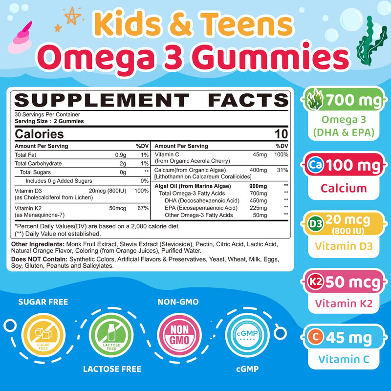 Kids Omega 3 Gummies + Calcium 400mg + Vitamin D3 & K2, C Omega-3 DHA & EPA | No Fish Burps, No Sugar, Kids & Teens Omega 3 Supplement + Multivitamin for Strong Bones, Brain & Immune, Eye Support, 60 Cts 60 Count (Pack of 1)