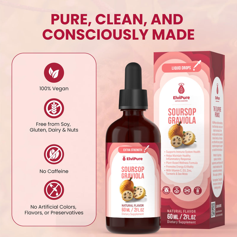 Soursop Bitters Liquid Drops – Immune Support & Gut Health with Soursop Organic Graviola Leaf Extract, Sea Moss, Vitamin C, D3, B6, Zinc, Turmeric & Black Pepper – 2 fl oz