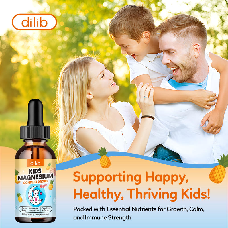 Kids Magnesium Liquid Drops - Liquid Magnesium Glycinate for Kids, Citrate Supplement with L-theanine, Omega-3, Vitamin B12, D3 for Sleep, Calm, Relaxation, Brain, Bones, Pineapple 2 Fl Oz 2 Fl Oz (Pack of 1)
