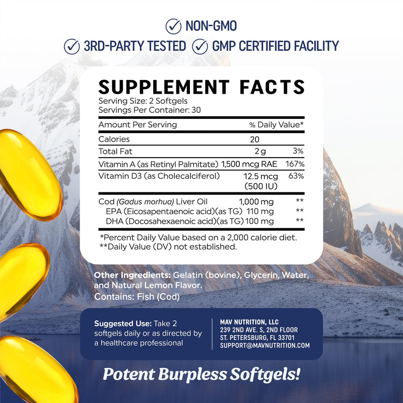 Cod Liver Oil Softgels 1000MG, Omega 3 + VIT A & D3, Wild Caught, Icelandic | Molecularly Distilled, Third-Party Tested, EPA DHA Omega 3 Supplement for Bone Eye & Immune Health, 60 Cod Liver Oil Softgels