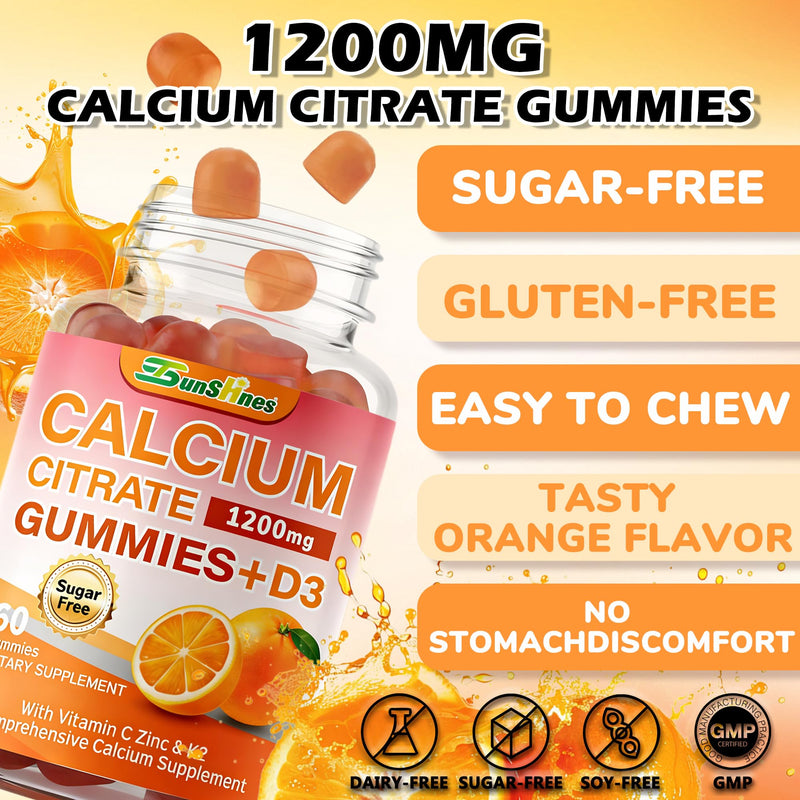 5-in-1 Calcium Citrate Gummies 1200mg with D3, K2, Zinc, VC | Sugar Free, Non-GMO Chewable; Immune Support,Teeth & Muscle Healthy for Women & Kids; 60 Count; Orange Flavor 60 Count (Pack of 1)