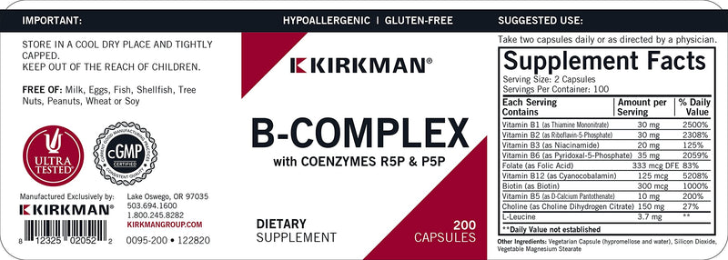 Kirkman B-Complex with CoEnzymes R5P & P5P - Hypoallergenic - 200 Vegetarian Capsules
