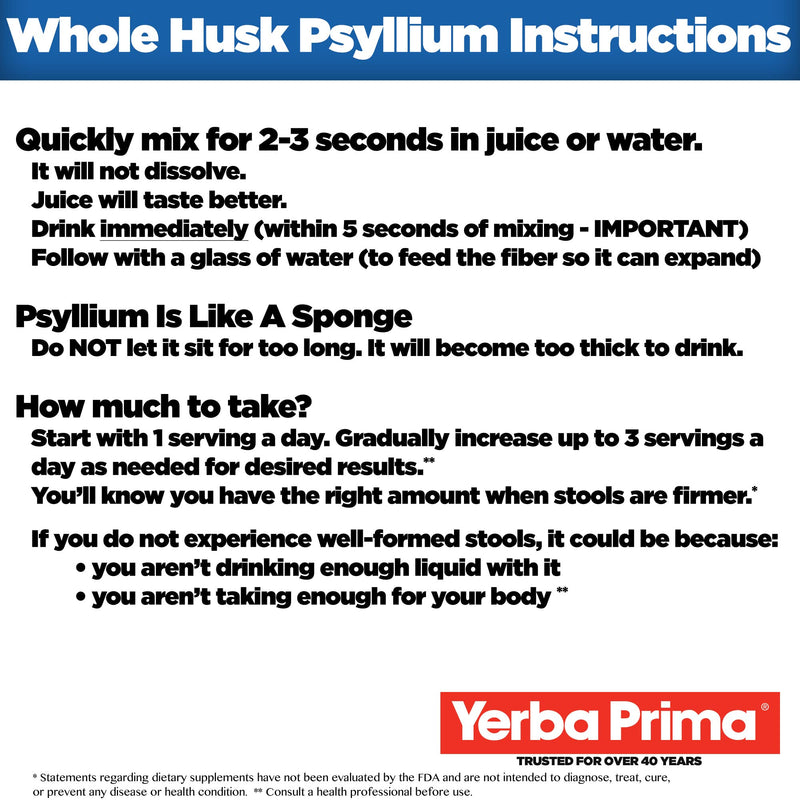 Yerba Prima Psyllium Whole Husk, 1 Bottle 12 oz - Fiber Supplement, Vegan, No Sugar or Artificial Sweeteners, Non GMO, Gluten Free 12 Ounce (Pack of 1)