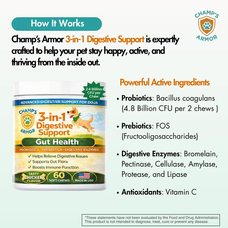 Probiotics for Dogs with Digestive Enzymes - 2.4 Billion CFU Dog Probiotic Supplements for Upset Stomach, Digestive Health, Diarrhea Relief - 60 Chicken Flavor Chews
